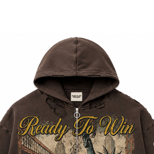 Ready To Win Industries <b>Men's</b> Oversized Hooded Zip-Up Sweatshirt Streetwear Style Brown Printed Design Member <b>Only</b> - Product Image 5