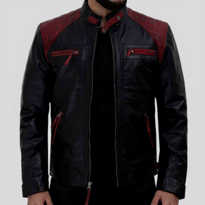 Blouson moto en cuir PU noir pour homme avec empiècements rouges aux épaules et fermeture éclair, coupe classique, pour l'automne et l'hiver, BLOUSON EN CUIR - Product Image 4
