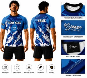 เสื้อรัดกล้ามเนื้อ MMA แบบซับลิเมชั่นสั่งทำพิเศษของ SINEWY SPORTS ลายคลื่นสีน้ำเงินขาว ทรงพอดีตัว แห้งเร็ว สำหรับผู้ใหญ่ 男女  แบบรัดรูป - Product Image 1