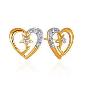 Boucles d'oreilles clous en or jaune en forme de cœur avec diamants ronds taille brillant et motif étoile, pour femme, romantiques, à porter au quotidien - Product Image 1