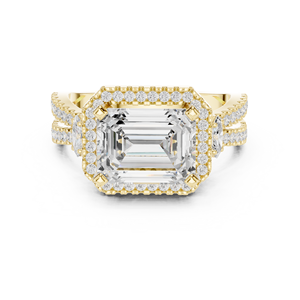 Anillo de compromiso de tres piedras con halo esmeralda Axis para mujer, oro de 10k/14k/18k/plata de ley, joyería con pavé dividido de oro y plata de laboratorio. - Product Image 1