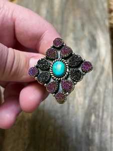 Handmade Turquoise Purple Black Druzy Cluster <b>Adjustable</b> <b>Ring</b> Sterling Silver Boho Southwestern Statement Jewelry Gift for Her - Product Image 2