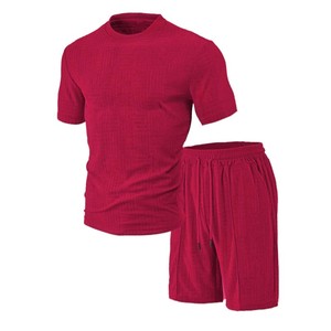 Conjunto de Camiseta y Pantalones Cortos Casuales de Verano para Hombre, Tejido de Punto Rojo, Cuello Redondo, Transpirable, de Algodón y Spandex, Estilo de Color Sólido - Product Image 1