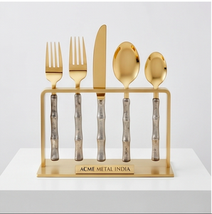 Juego de cubiertos modernos con textura de bambú, de acero inoxidable con acabado dorado, resistente al óxido, apto para lavavajillas, para bodas, fiestas y restaurantes. - Product Image 5