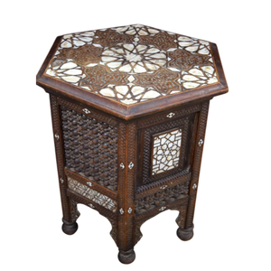 Table basse octogonale indienne en os incrusté, style marocain antique, en bois, avec des sculptures florales complexes, pour la maison - Product Image 5
