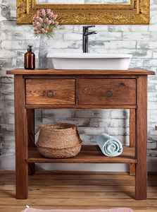 Mueble de Baño Clásico de Madera Maciza con Doble Cajón de Almacenamiento y Lavabo Abierto de Madera para Baño - Product Image 2