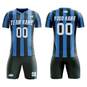 Conjunto de Uniforme de Fútbol Personalizado Unisex, Transpirable, de Secado Rápido, Tallas Grandes, Protección UV, Camiseta y Pantalones Cortos, Azul y Negro, para Entrenamiento, Primavera y Otoño - Product Image 1