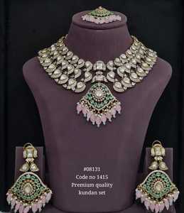 Premium Kundan Necklace and Earring Set 08131 Moissanite Stone Brass Jewelry Set for Wedding Engagement Party - Product Image 1