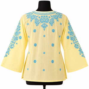 Yellow Viscose Cotton Digital Print Quick Dry Stretchable Tunic Top Long Sleeve Neck Floral Pattern <b>Women's</b> Summer Ethnic <b>Kurta</b> - Product Image 3