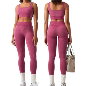 Conjunto de Yoga Rosa de Dos Piezas: Leggings de Cintura Alta y Sujetador Deportivo con Espalda Cruzada y Cuello Cuadrado, Sin Costuras, de Color Liso, en Spandex y Poliéster - Product Image 3