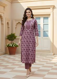 Conjunto de Kurta y Pantalón Recto de Algodón Morado Estampado, Cuello Redondo, Largo hasta la Pantorrilla, Traje Étnico de Uso Diario para Mujer, Tallas M, L, XL, XXL - Product Image 2
