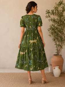 Robe d'été décontractée mi-longue éco-responsable en coton tissé vert, imprimé floral, col en V, manches courtes, coupe trapèze, style bohème, pour soirée, 100 % coton - Product Image 2