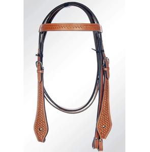 Cabezada, pechopetral y riendas de cuero color canela estilo western, con frontal de cuero con diseño de tejido de cesta hecho a mano LLT - Product Image 1