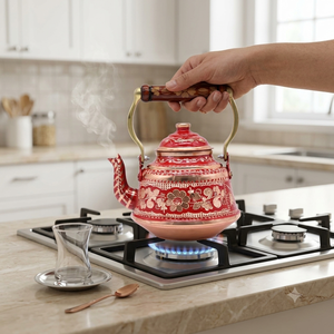Bouilloire à thé en cuivre rouge peinte à la main, théière turque vintage, poignée en laiton gravée de motifs floraux, chauffe-eau pour cuisinière, cafetière et théière - Product Image 4
