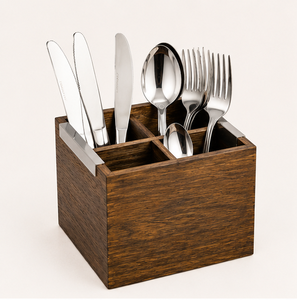 Handcrafted 4-Compartment Wooden Cutlery Holder And Silverware <b>Caddy</b> Rustic Mango Wood <b>Kitchen</b> Utensil Organizer For Home Table - Product Image 1