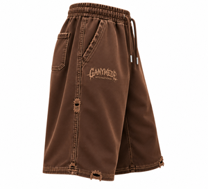 Pantalones Cortos Vintage Marrones para Hombre con Cordón, Cintura Media, Lavado Ácido, Dobladillo sin Rematar, Bolsillos Cargo, Estilo Urbano Personalizado, 100% Algodón, Pantalones Cortos Delanteros con Efecto Sudor - Product Image 3