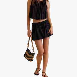 Women's Sleeveless Chiffon <b>Bubble</b> <b>Top</b> With Skirt Set Loose Fit Solid Color Two Piece Casual Summer Outfit Breathable Women Skirt - Product Image 1