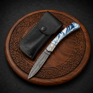 Custom Handmade Damascus Steel Folding Pocket <b>Knife</b> with Blue & White Resin <b>Handle</b> Leather Sheath, OEM ODM Manufacturer - Product Image 6