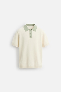 Polo en coton tricoté à manches courtes pour homme, couleur unie, décontracté, respirant, coupe classique, vert clair, col blanc, corps blanc - Product Image 2
