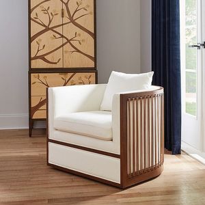 Fauteuil d'appoint moderne en teck, fauteuil lounge rembourré avec panneau latéral à lattes, pour salon - Product Image 1
