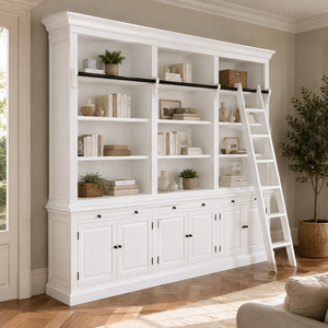 <b>White</b> Three Bay Bookcase With Ladder <b>Shelf</b> Cabinet Storage Unit For Living Room Home Furniture Farmhouse Style - Product Image 1