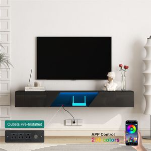 Modern 69\" Wall-Mounted Floating <b>TV</b> <b>Stand</b> with 16-Color LEDs 55 60 <b>65</b> Inch <b>TV</b> Compatible Black Entertainment Center - Product Image 4