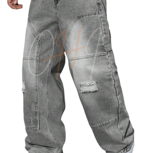 กางเกงยีนส์คาร์โก้สีเทาฟอกทรงหลวม น้ำหนักเบา สไตล์สตรีทแวร์ หลายกระเป๋า ขาดๆ แบบวินเทจ ฮิปสเตอร์ - Product Image 4