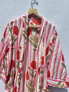 Bata Kimono Floral de Algodón con Cuello en V y Cordón Ajustable para Mujer, Manga 3/4, Ligera, para Playa, Hecha a Mano, Ropa de Estar por Casa de Verano - Product Image 6