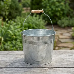 Seau en métal avec poignée en bois, robuste, multi-usages, pour le rangement, idéal pour la maison, le jardin, la cuisine, la salle de bain - Product Image 2