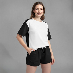 OEM Custom Premium Quality Women's Casual Short Sleeve 100% Cotton Oversized 2 Tone Baggy Fit ladies Street Wear 2 Piece <b>Set</b> - Product Image 3