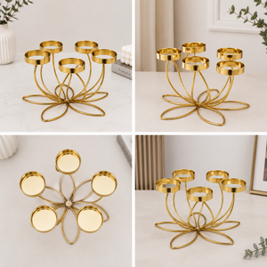 Portavelas Votivo de Cristal con 5 Luces, Diseño Loto Dorado, Calidad Premium – Centro de Mesa Moderno de Metal para Hogar, Mesa de Comedor y Decoración de Bodas - Product Image 3