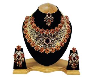 Vintage Women's Crystal Rhinestone Zircon Imitation Pearl Flower Alloy Red Wedding <b>Gift</b> Party Jewelry Set Necklace Earrings - Product Image 3