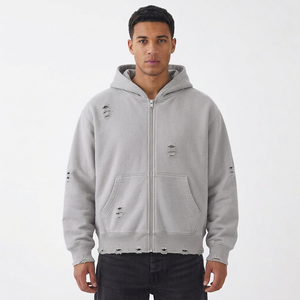 <b>Men's</b> <b>Blue</b> Hooded Zip-Up Sweatshirt 100% Cotton French Terry Oversized Casual Autumn Wear - Product Image 2