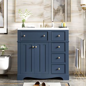 Mobile bagno freestanding da 36 pollici con 3 cassetti, telaio in legno massello e lavabo in resina - Combinazione mobiletto contenitore per bagno - Product Image 3