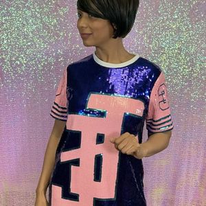 Jack and Jill Women <b>Sequin</b> Jersey <b>T</b> <b>Shirt</b> Short Sleeve Crew Neck Oversized Number Design Sparkle Athletic Fashion Casual Party - Product Image 1