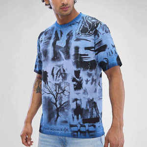 T-shirt pour homme bleu à imprimé graphique artistique, décontracté, surdimensionné, en mélange de coton, col rond, streetwear, manches courtes - Product Image 4
