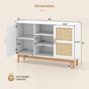 Buffet de 48 pouces avec 2 portes en bambou tressé, armoire de rangement au sol - Product Image 5