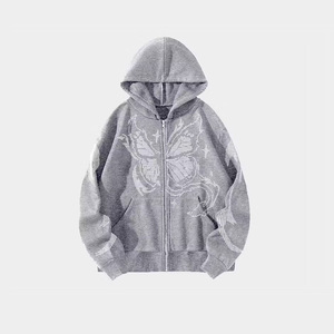 Sweat-shirt à capuche zippé bleu pour homme, imprimé papillon pailleté, décontracté, tricoté, coupe classique, vente en gros - Product Image 3