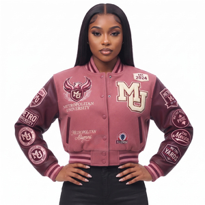 Chaqueta universitaria de béisbol estilo Letterman, diseño personalizado OEM, cuerpo de lana de alta calidad con mangas de cuero, algodón transpirable. - Product Image 2