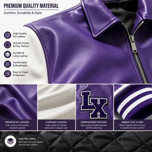 Custom Purple <b>White</b> Leather Varsity <b>Jacket</b> for <b>Men</b> Premium Letterman Bomber <b>Jacket</b> with Chenille Embroidered Patches OEM ODM - Product Image 5