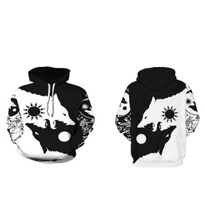 Sudadera con Capucha para Hombre OEM, Diseño de Lobo Blanco y Negro, Estampado de Sol y Luna, Forro Polar, Corte Regular, Estilo Desgastado, Sudadera de Invierno - Product Image 2