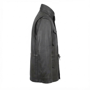 Veste de chasse d'hiver en cuir de vache véritable pour homme, noire, col montant, à capuche, matelassée, grande taille, manteau en cuir véritable, vente en gros OEM - Product Image 5