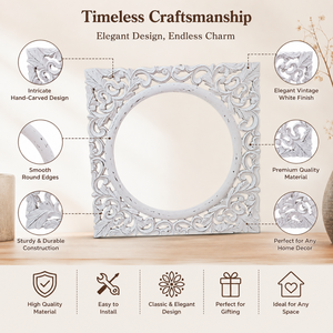 Panneau mural en bois de manguier blanchi, sculpté à la main avec des motifs floraux, cadre décoratif carré style bohème vieilli, 30x30 cm, pour la décoration murale de la maison - Product Image 3