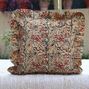 Housses de coussin vintage en coton indien imprimé au bloc, à volants, faites à la main, style bohème, 16x16, 18x18, 20x20 - Product Image 1