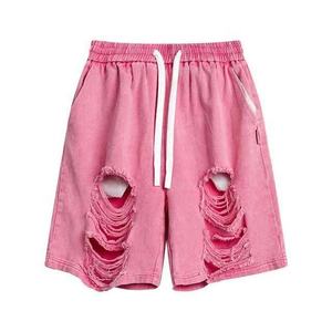 กางเกงขาสั้นผู้ชายสีเขียวล้วน แต่งดีเทลขาดๆ ผ้าโพลีเอสเตอร์ 100% ระบายอากาศ แห้งเร็ว สวมใส่สบายๆ สำหรับฤดูร้อน มีเชือกผูกเอว สไตล์สตรีทแฟชั่น - Product Image 4