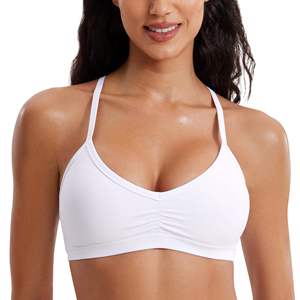 Women Black Seamless Sports Bra V-neck Spaghetti Strap <b>Ruched</b> Breathable Activewear Yoga Top Solid Color Front Logo 1-Piece - Product Image 3