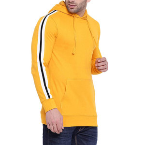 <b>Men's</b> Yellow Hooded Sweatshirt with <b>White</b> and Black Stripes Full Sleeve Lightweight Polyester Casual Wear - Product Image 1