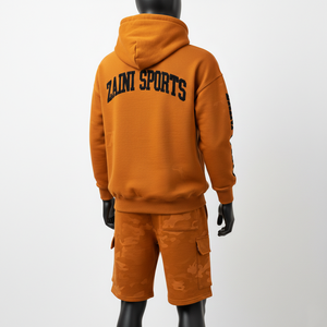 Conjunto de Sudadera con Capucha y Pantalones Cortos de Felpa de Algodón y Poliéster para Hombre, Color Naranja Quemado, con Panel Personalizado y Logotipo Estampado, Estilo Urbano - Product Image 5