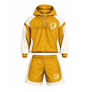 Mens Mustard Yellow Neutral Nylon Quarter <b>Zip</b> Hoodie <b>Shorts</b> Set Colorblock Lightweight Athletic Training Casual Sportswear - Product Image 1