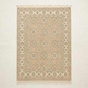 Alfombra Oushak Geométrica Anatolia Vintage, Alfombra de Lana Beige Hecha a Mano para Decoración de Interiores de Lujo - Product Image 1